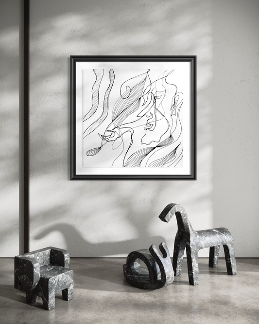 Contemporary abstract drawing by Plamena featuring organic forms, expressive movement, and minimalist composition.