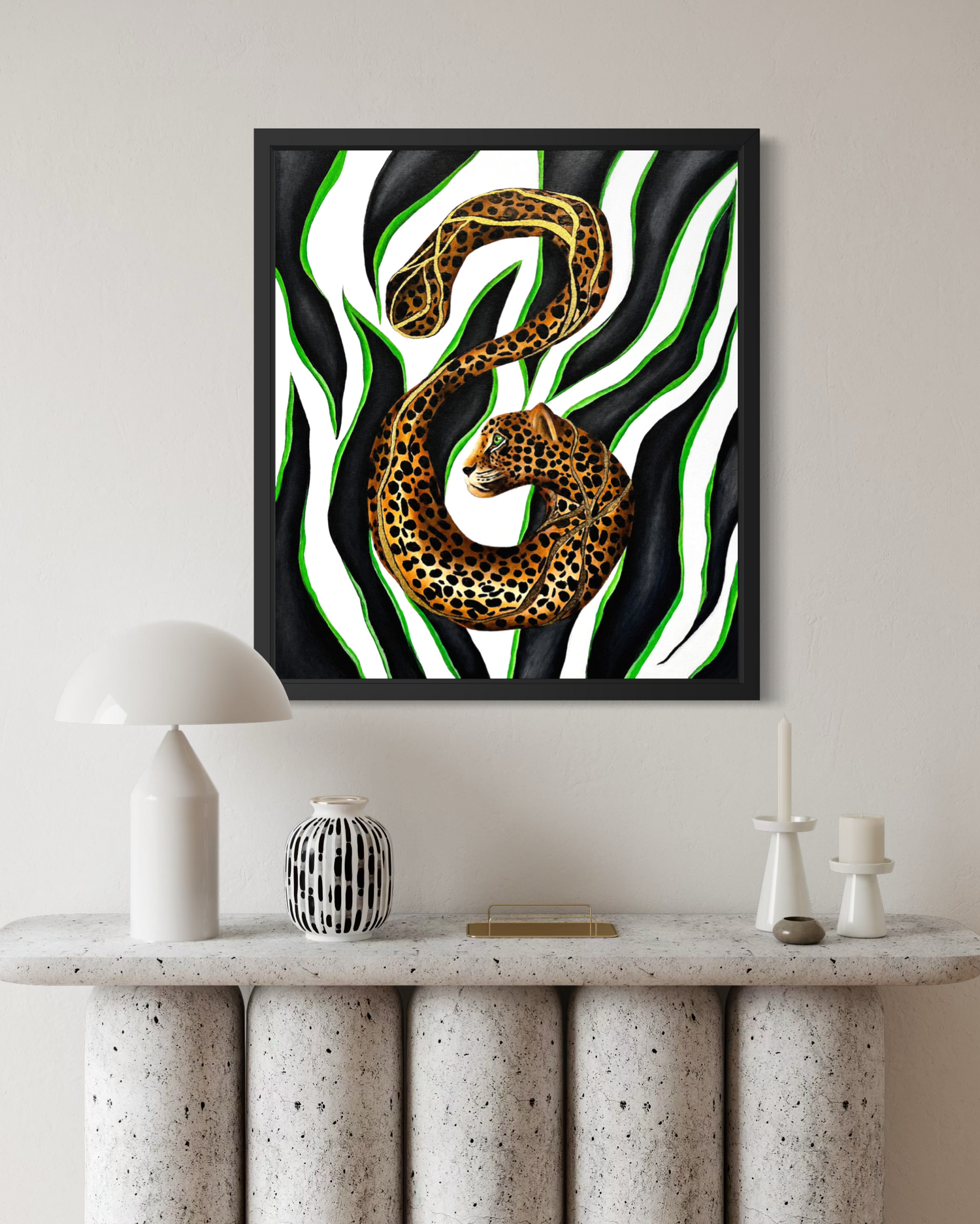 Framed Framed art print displayed on a contemporary interior wall