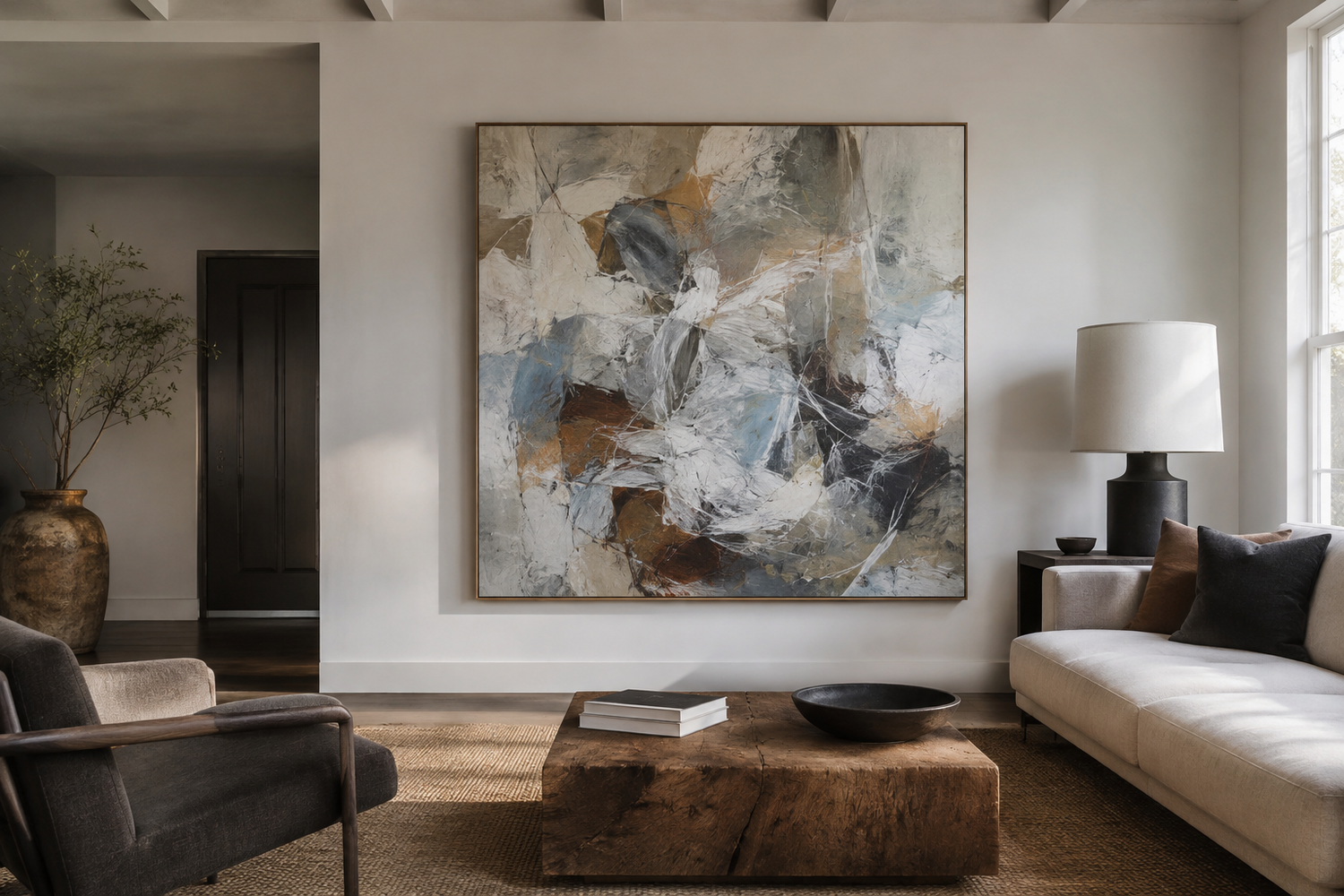 A large abstract canvas painting with textured brushstrokes in beige, gray, white, and brown tones, displayed on a light gray wall in a modern living room setting.