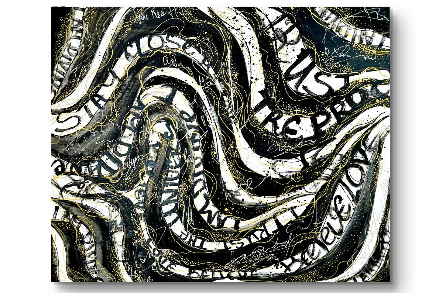 Abstract artwork with swirling text in black, white, and gold on a white background