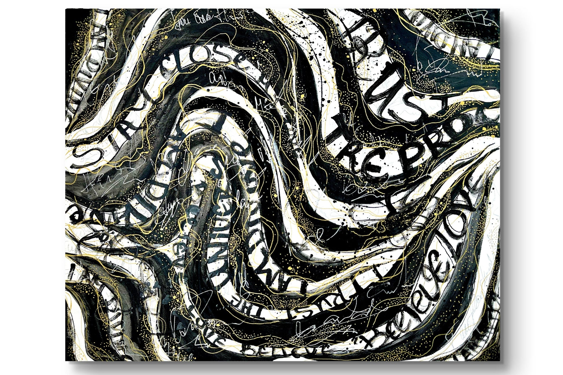 Abstract artwork with swirling text in black, white, and gold on a white background