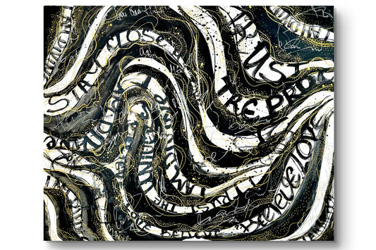 Abstract artwork with swirling text in black, white, and gold on a white background