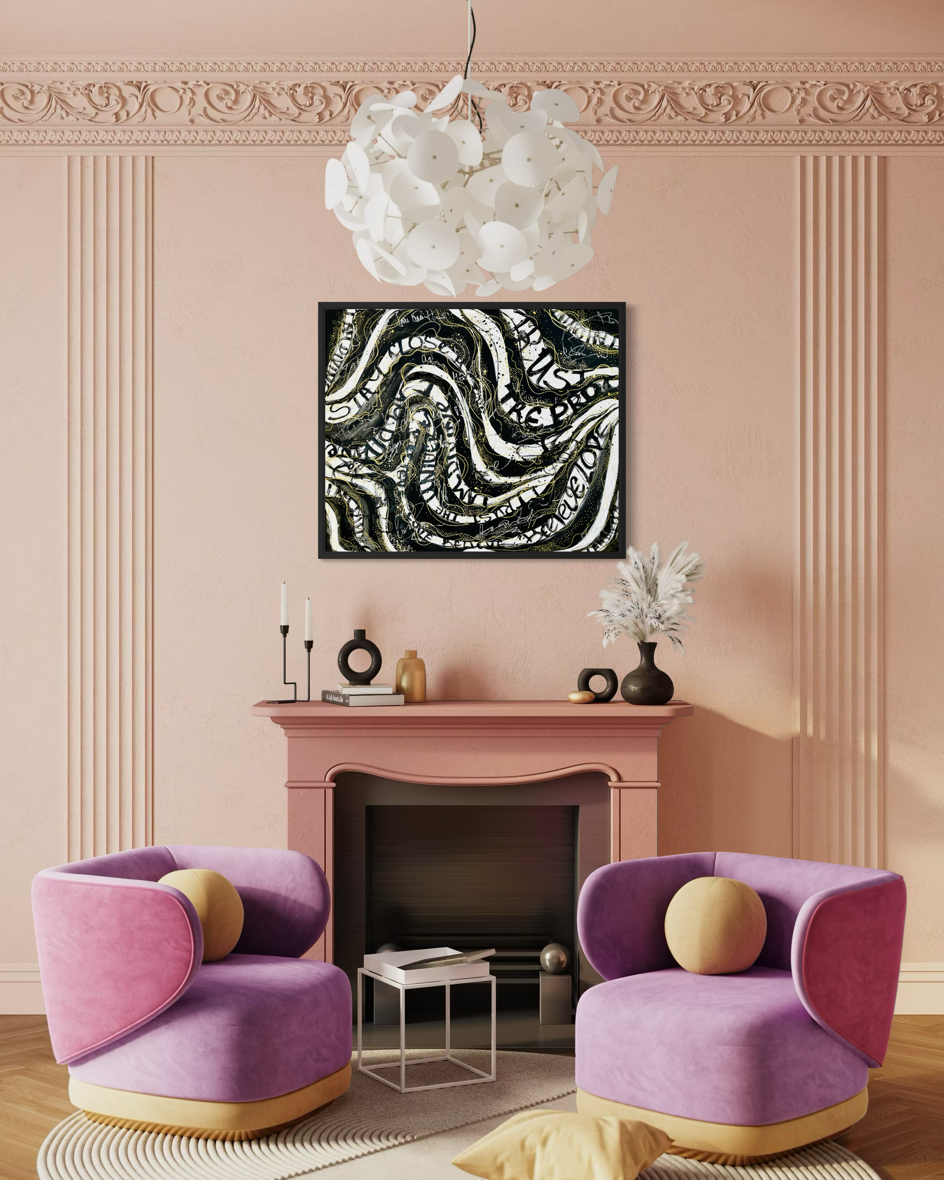 A styled interior scene with a pink fireplace, two lavender-purple velvet armchairs with round beige pillows, a white cloud-shaped pendant light, and a black-and-white abstract square wall art piece above the mantel.