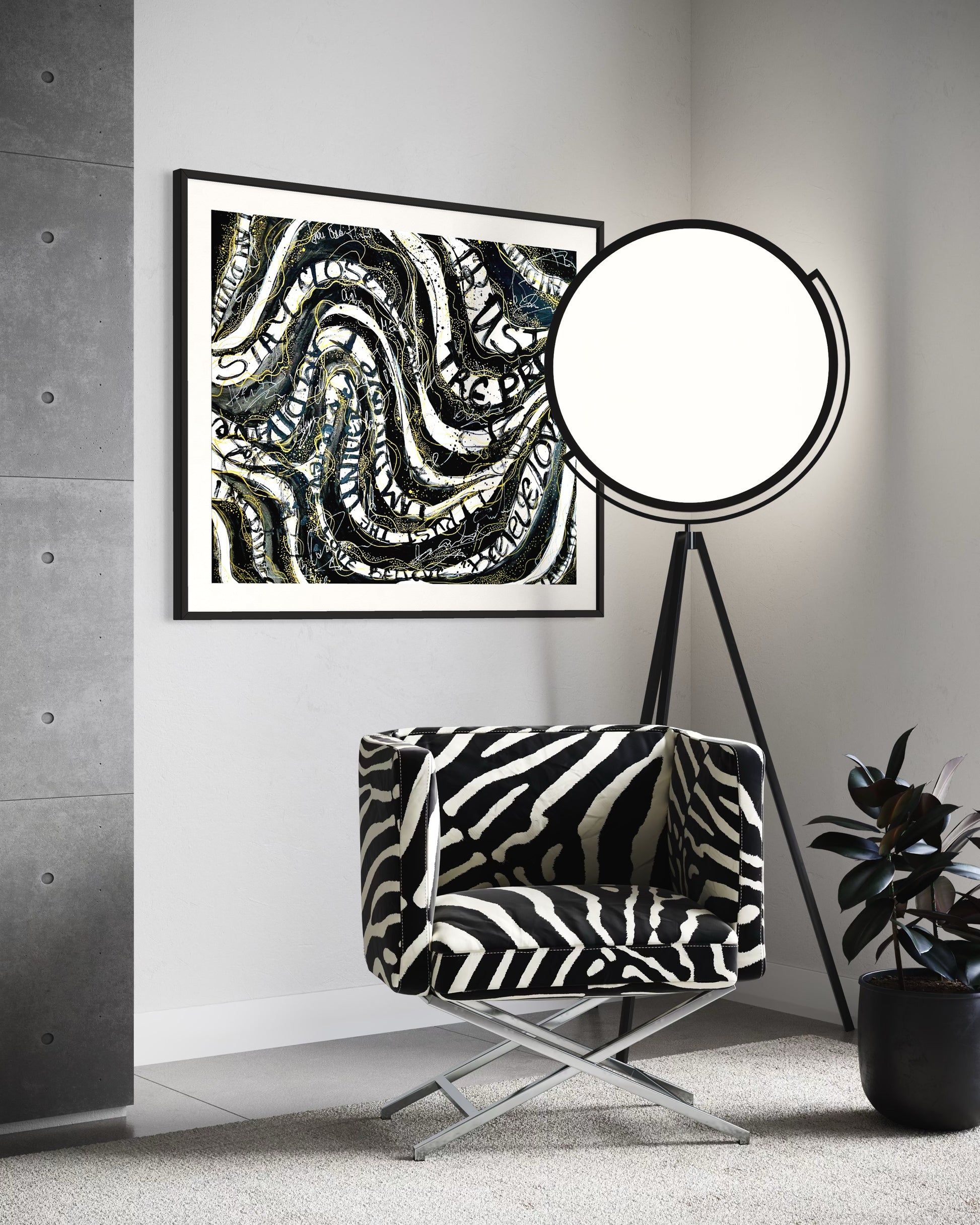 Modern interior with a zebra-patterned chair, abstract art, and a round mirror.