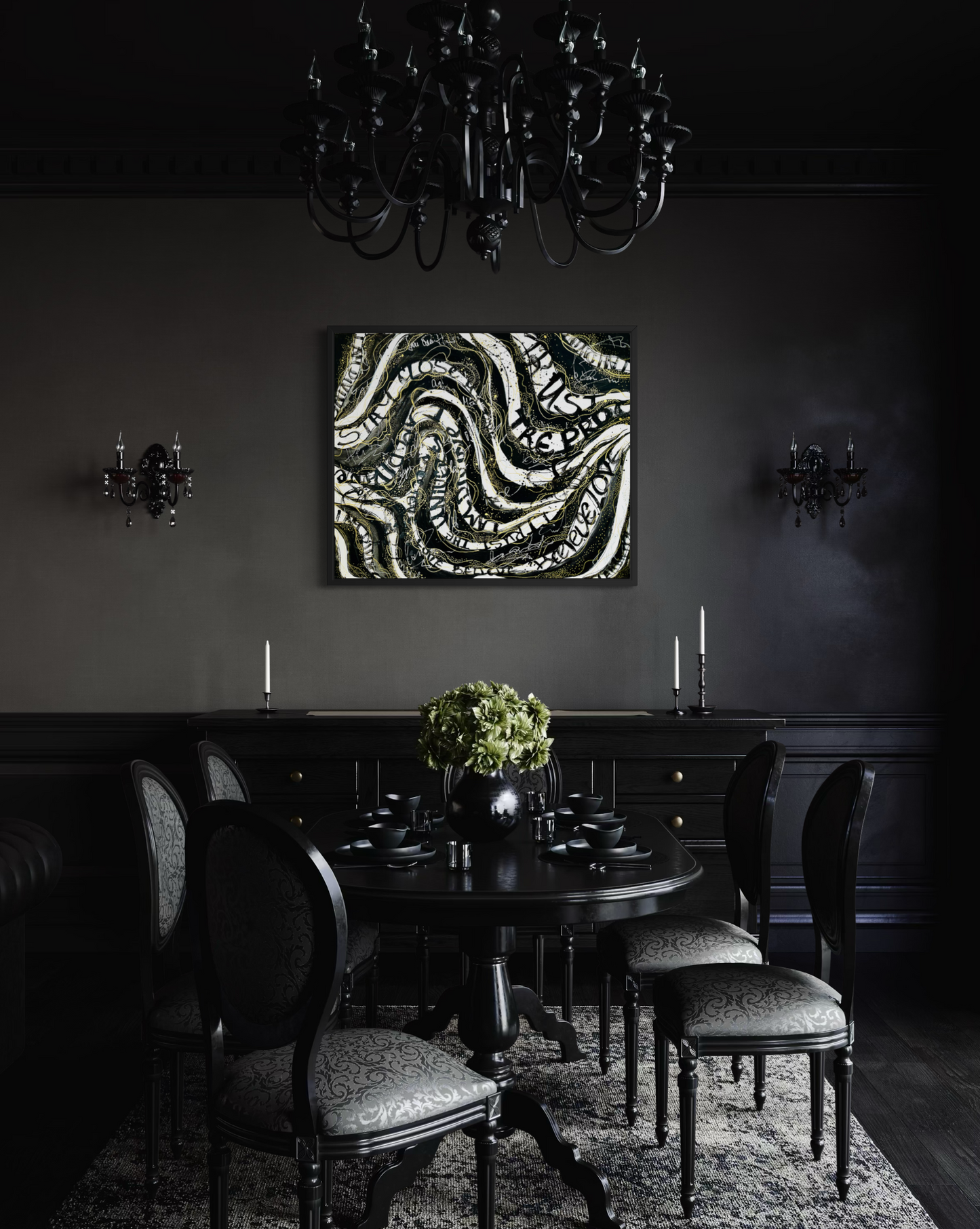 A dark, moody dining room featuring a square abstract wall art print with black, white, and gray wavy patterns, hung above a dark wood dining table and chairs.