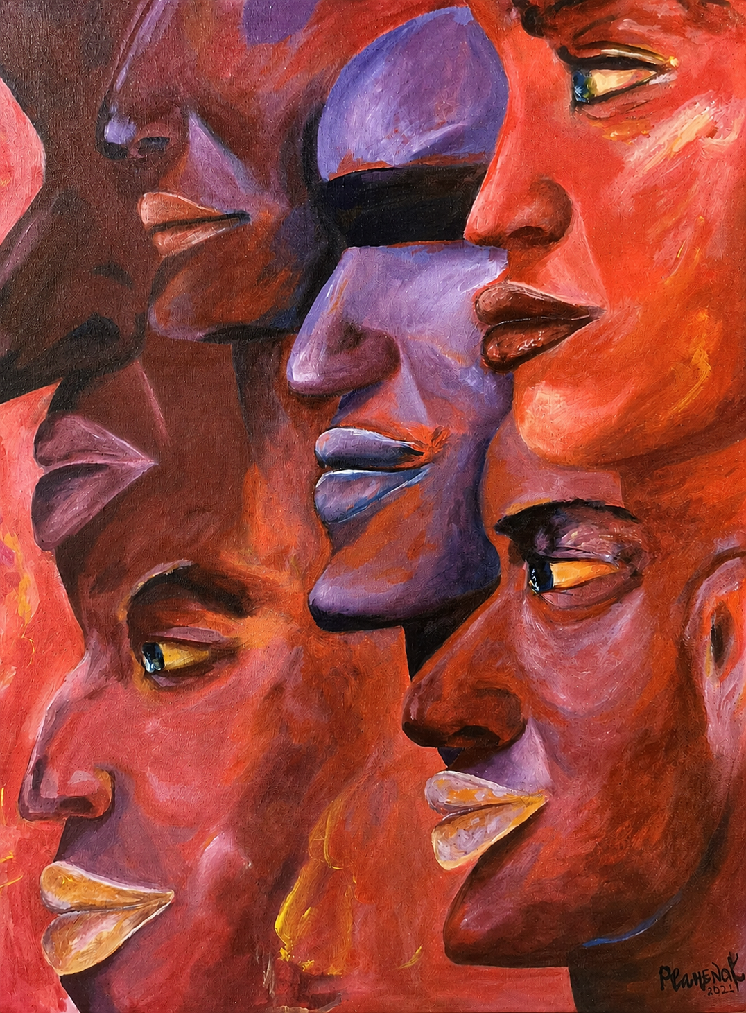 Abstract painting of multiple faces with vibrant colors