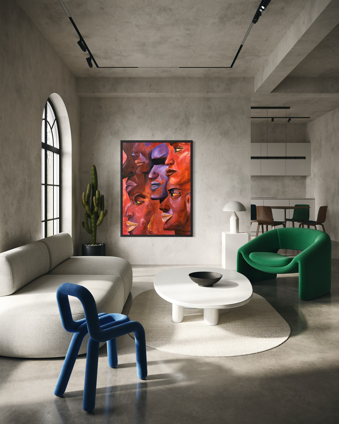 A large framed abstract painting with vibrant red, orange, purple, and pink tones hangs on a textured concrete wall in a modern, stylishly decorated living room with a beige sofa, green armchair, and blue accent chair.