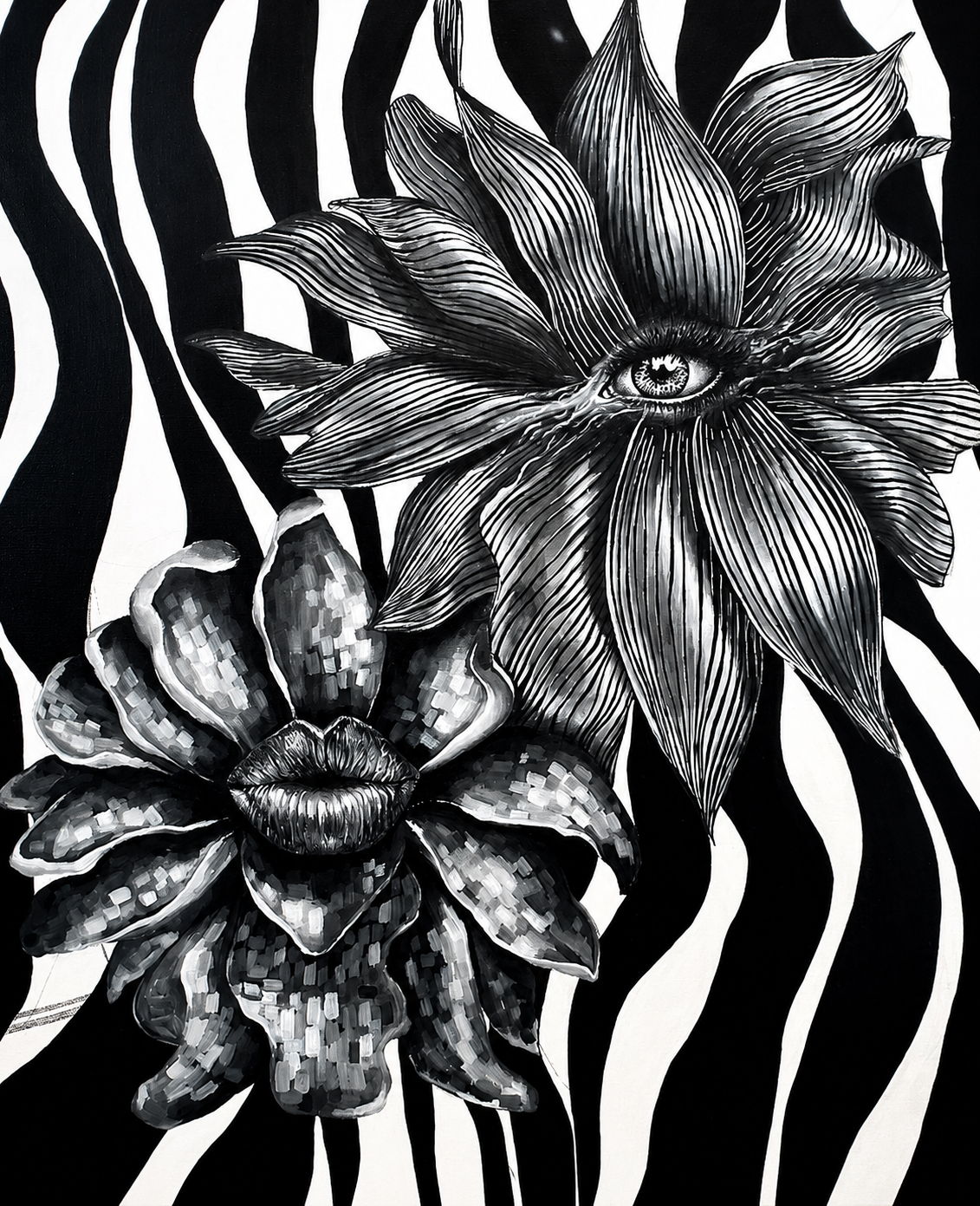 Black and white floral design with an eye-like center on a zebra-striped background