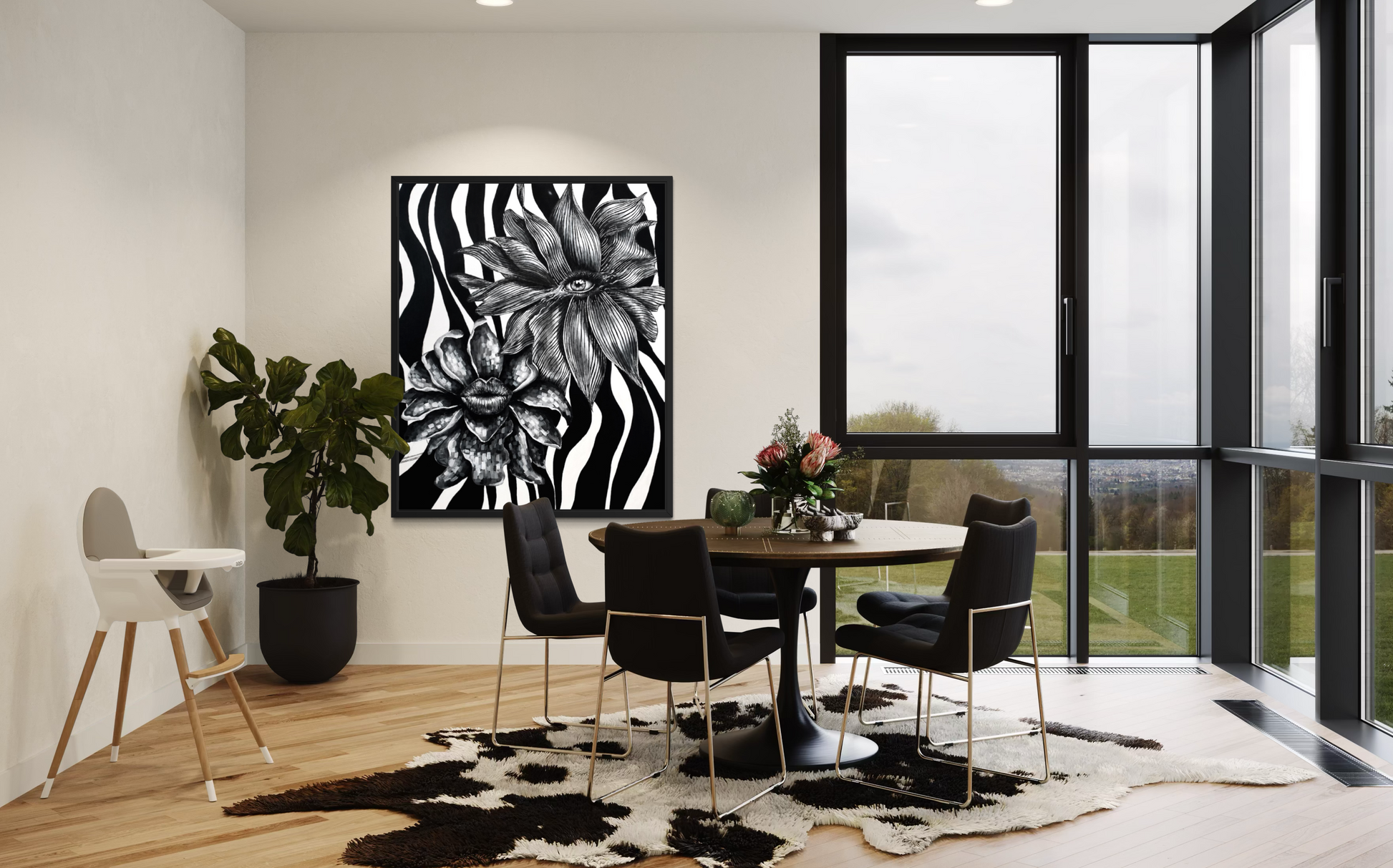 A black and white floral zebra print framed wall art hanging in a modern dining room with a round wooden table, black chairs, a cowhide rug, and large windows.