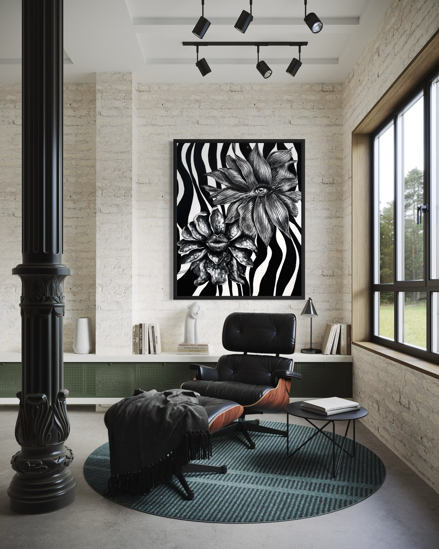 A black and white floral zebra-print framed wall art piece hangs in a modern living room setting above an Eames-style lounge chair and ottoman on a round teal rug.