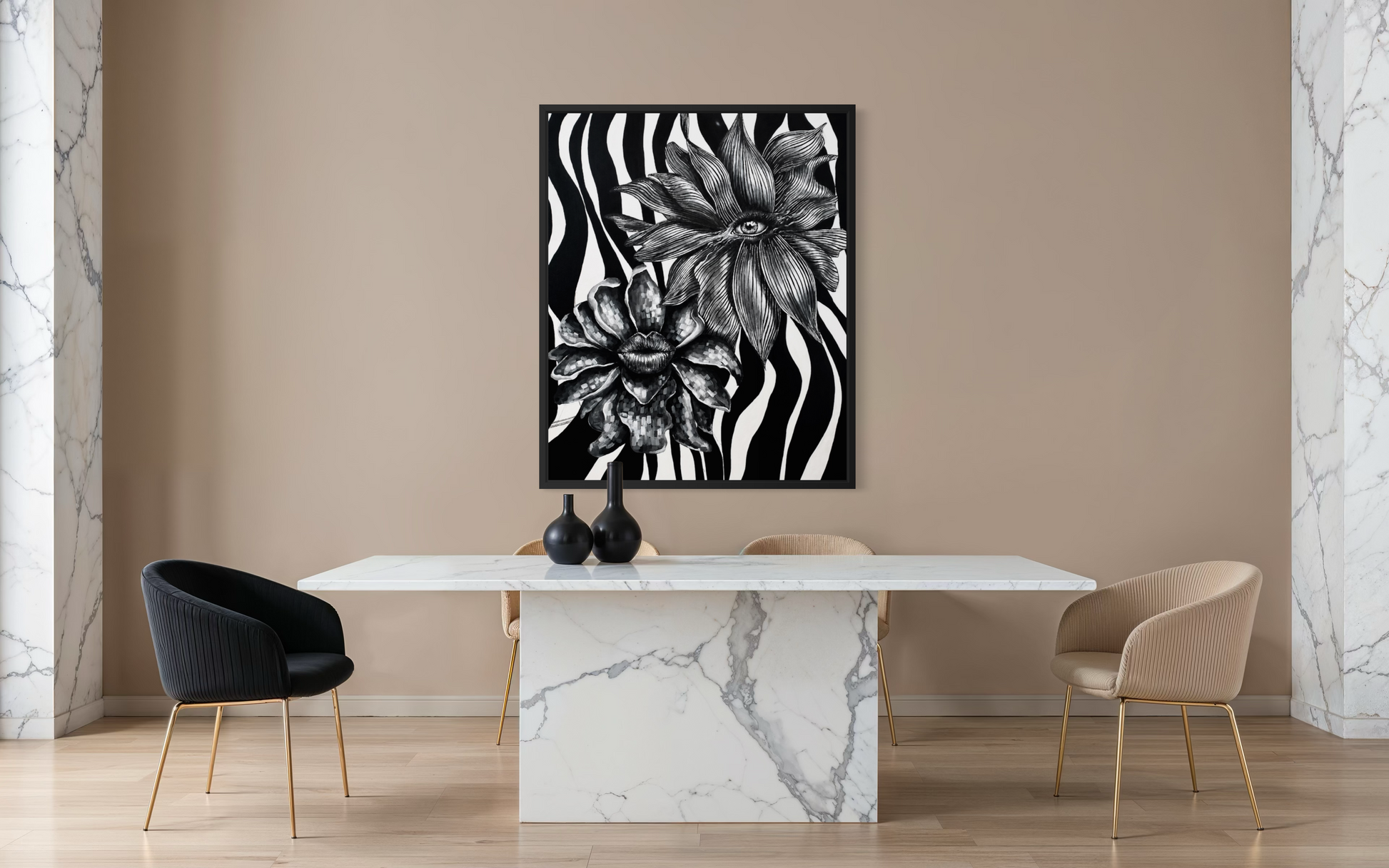 A black and white floral zebra print canvas art print is displayed on a beige wall above a modern white marble dining table with three chairs in a minimalist dining room setting.