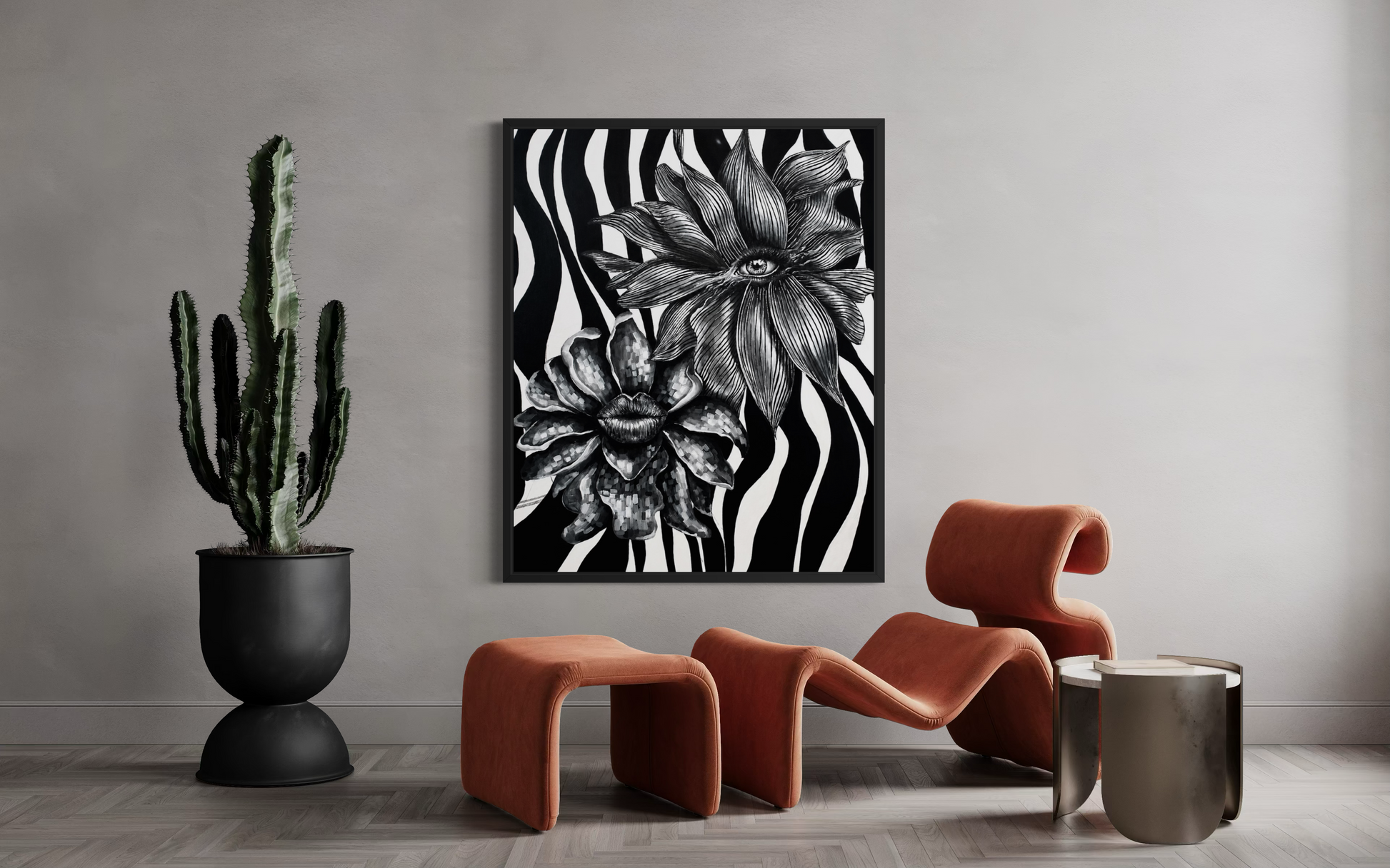A black and white zebra print canvas art print with large floral designs, displayed on a gray wall in a modern living room setting with orange sculptural chairs and a potted cactus.