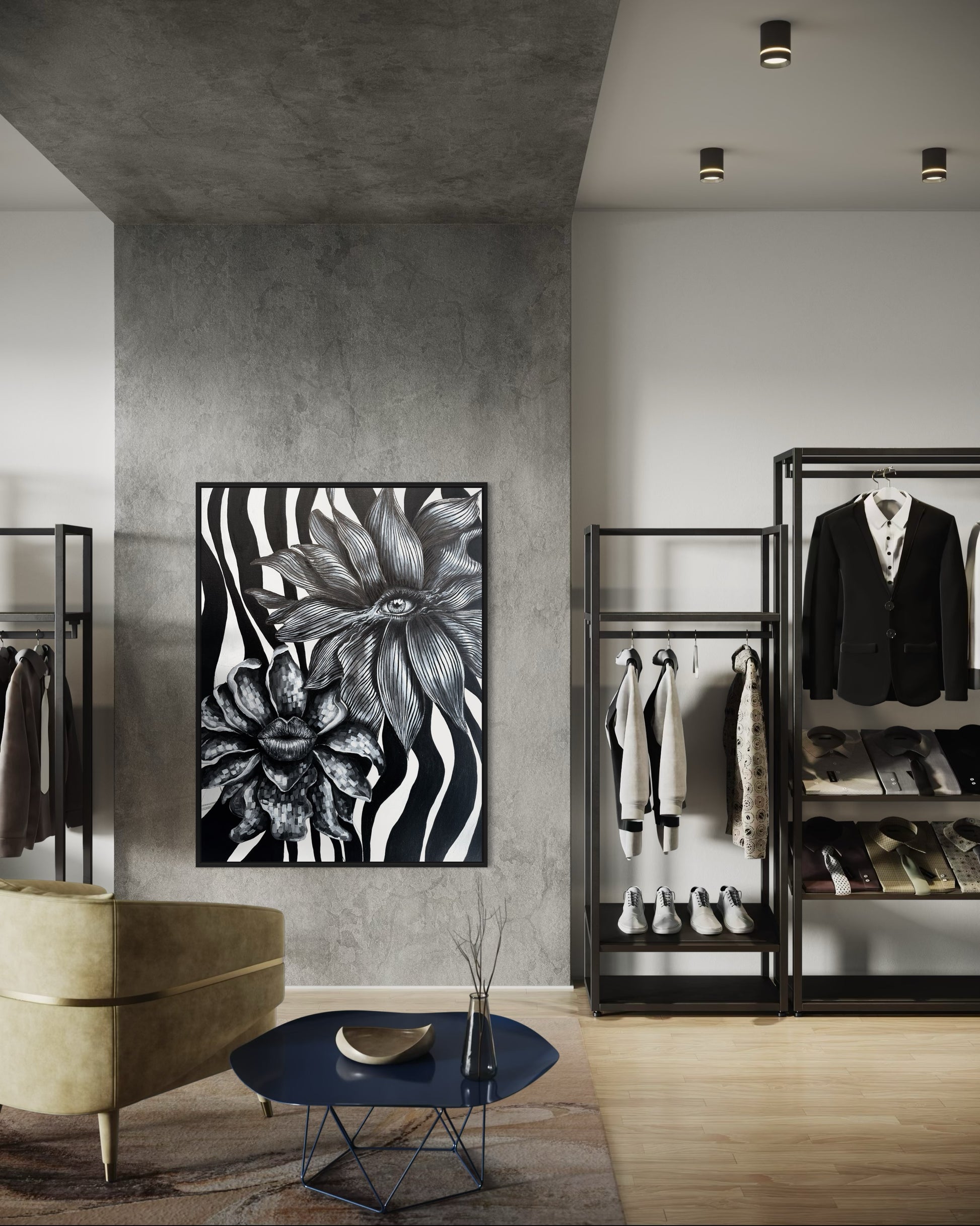 Modern interior with clothing rack, floral artwork, and a table.