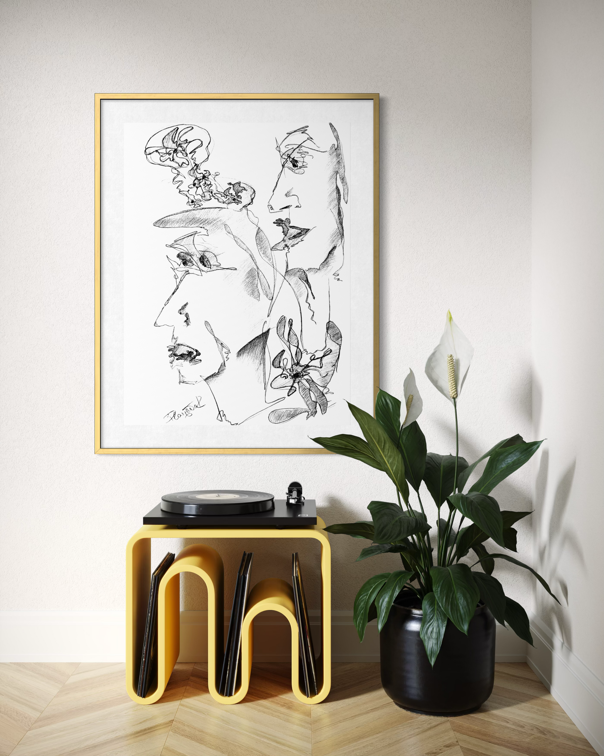 Fragments of Becoming I, contemporary abstract drawing by Plamia exploring identity through expressive black and white mark-making.