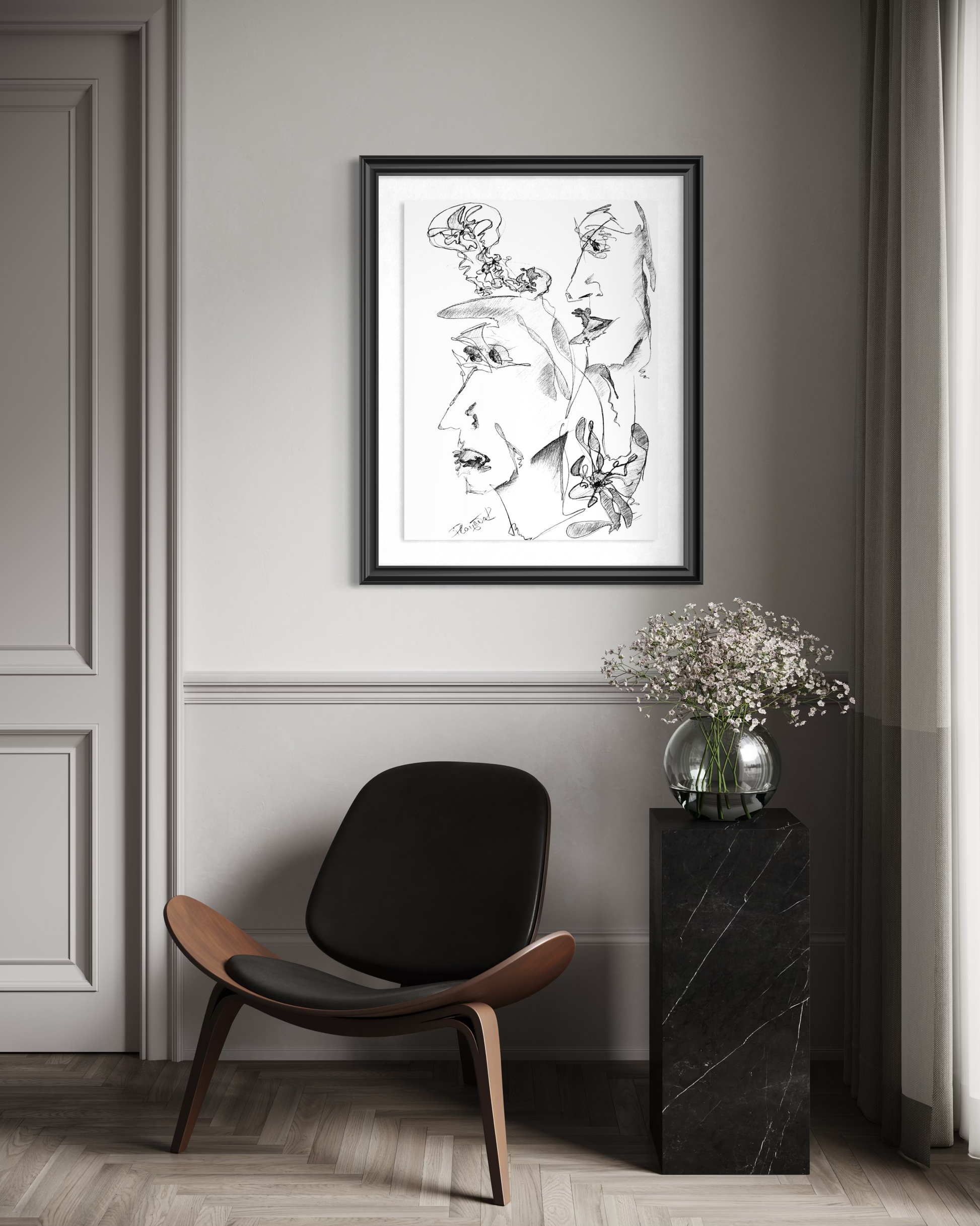 Contemporary black and white abstract artwork from the Fragments of Becoming collection by Plamena.