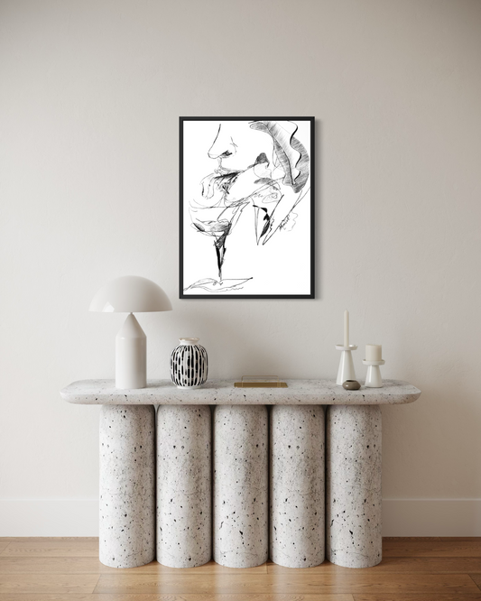 Contemporary black and white mixed media drawing with organic shapes and intuitive brushstrokes.
