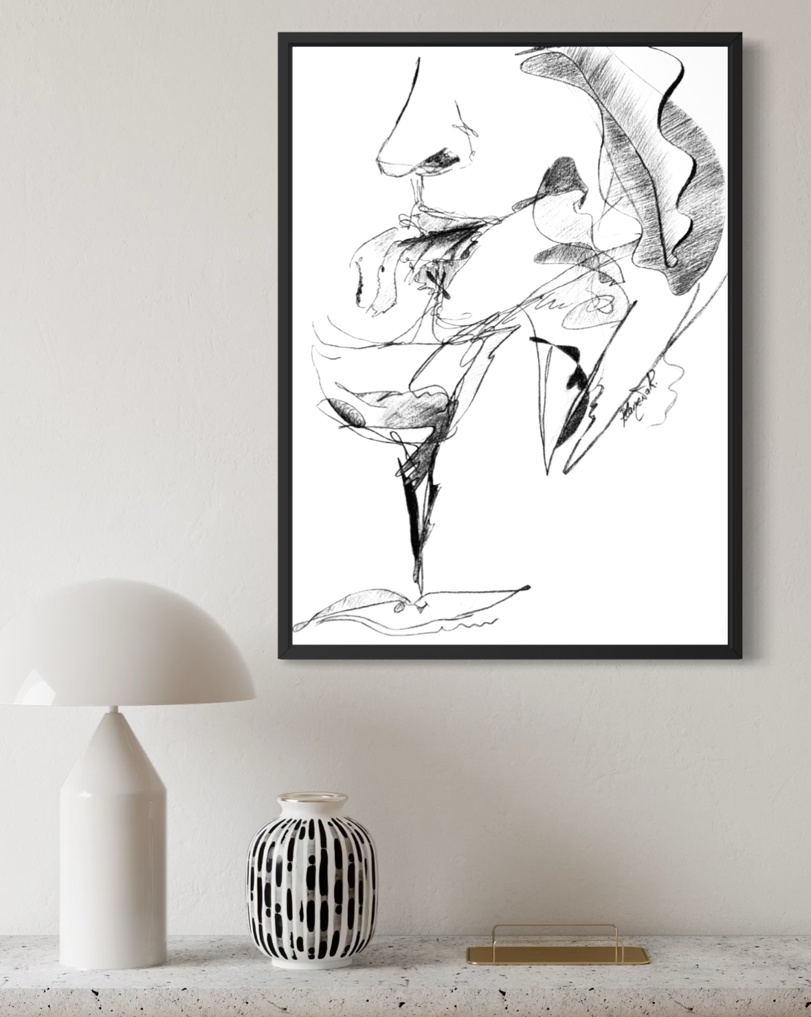Contemporary abstract artwork featuring dynamic black line work on textured white paper.