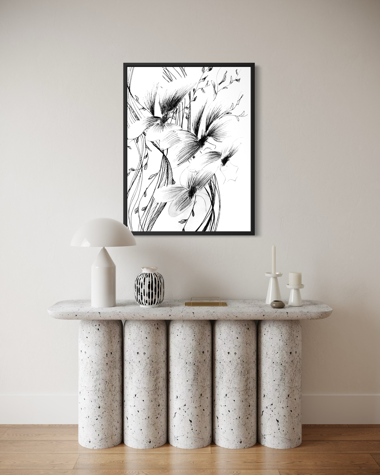 Expressive abstract drawing with layered ink-like marks and sculptural black forms on white paper.