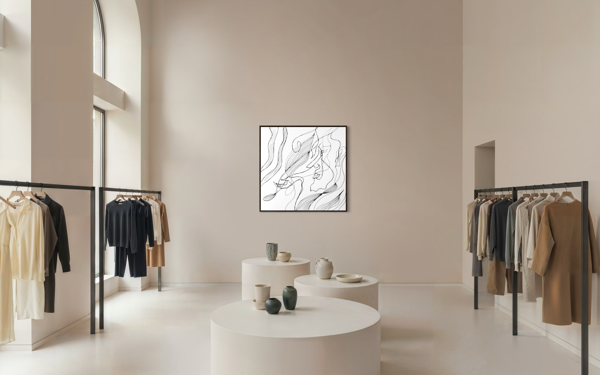 Abstract mixed media artwork balancing bold black forms with refined minimalist composition.