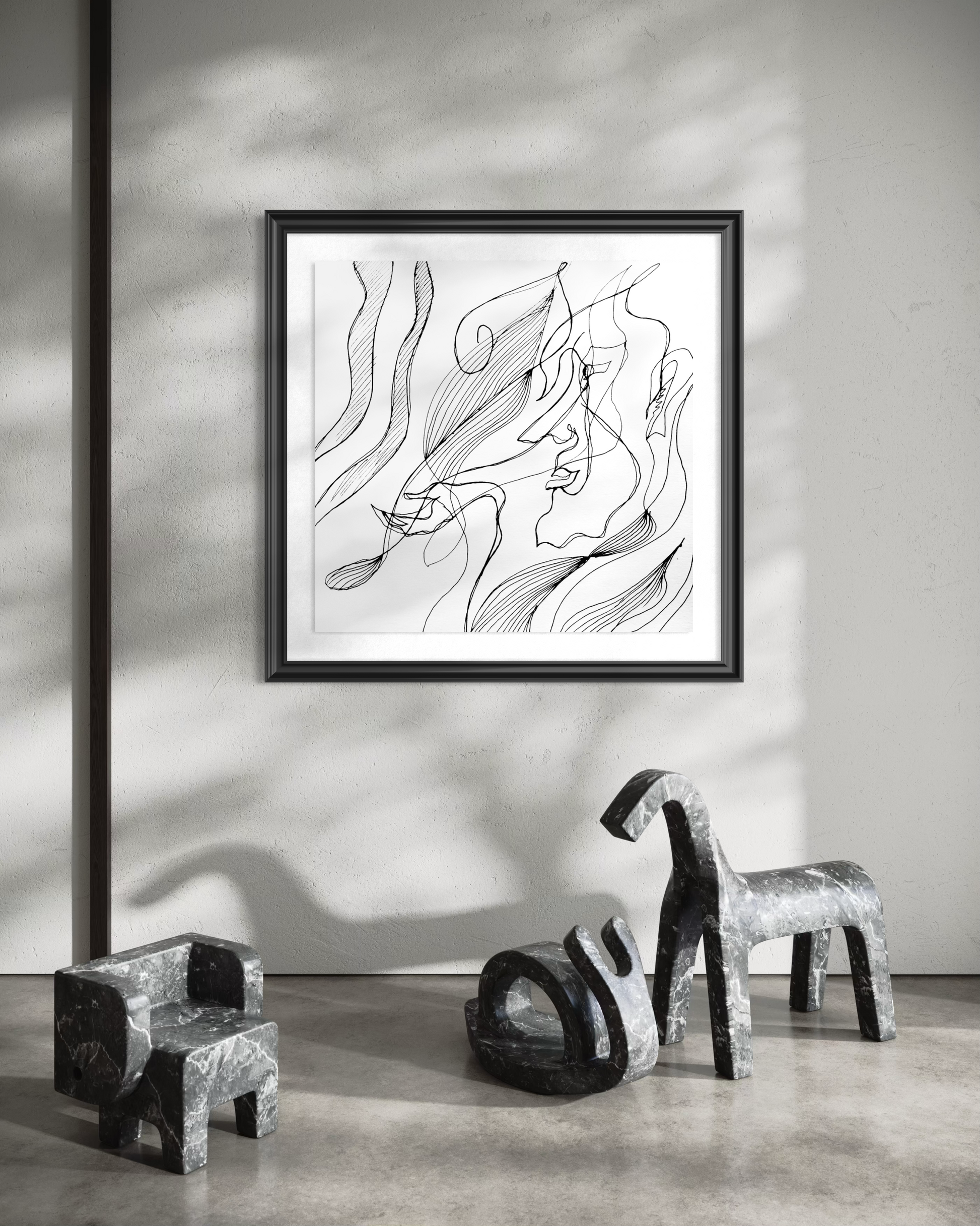 Contemporary abstract drawing by Plamena featuring organic forms, expressive movement, and minimalist composition.