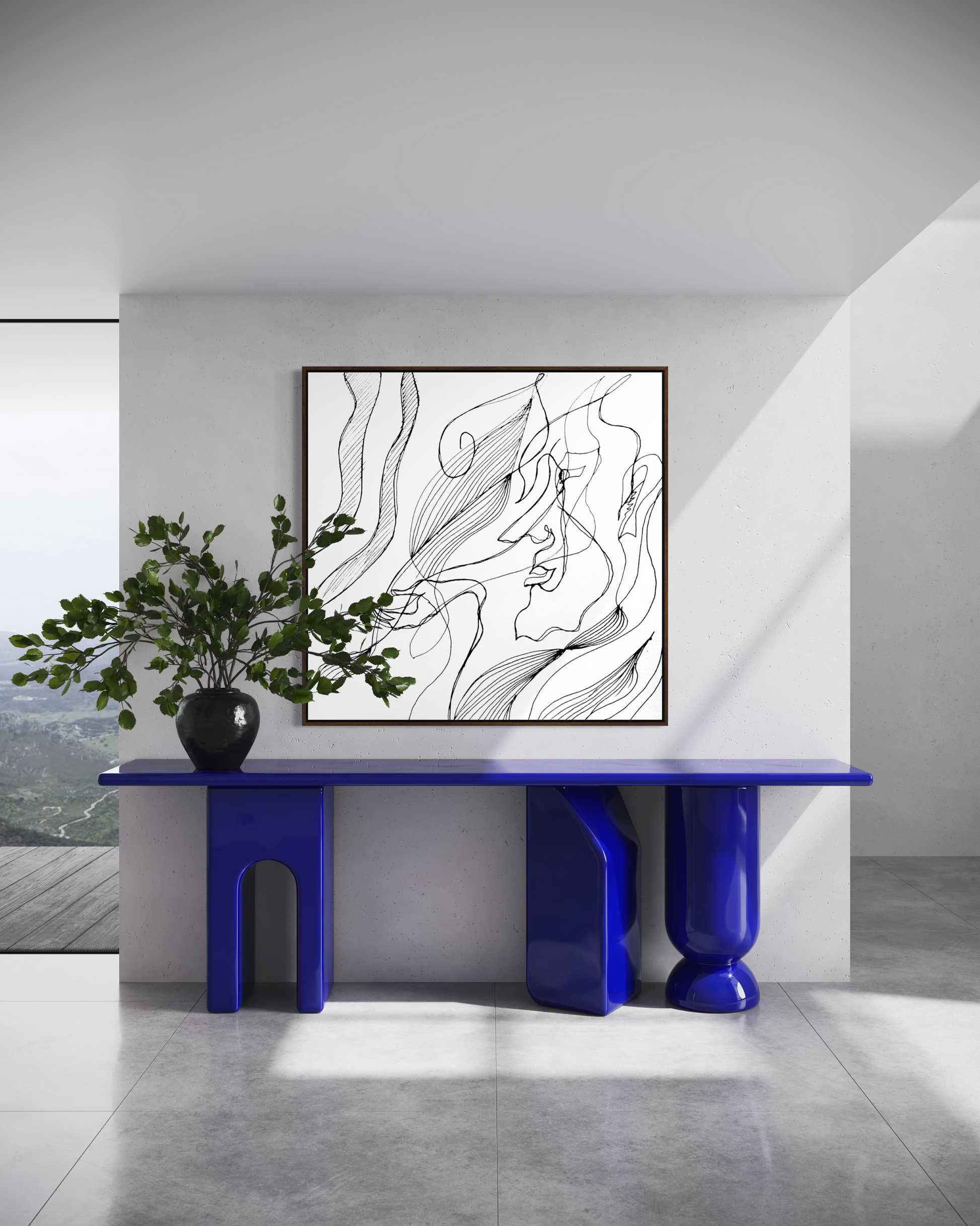 Minimalist abstract artwork with bold black brushstrokes designed for contemporary interiors.