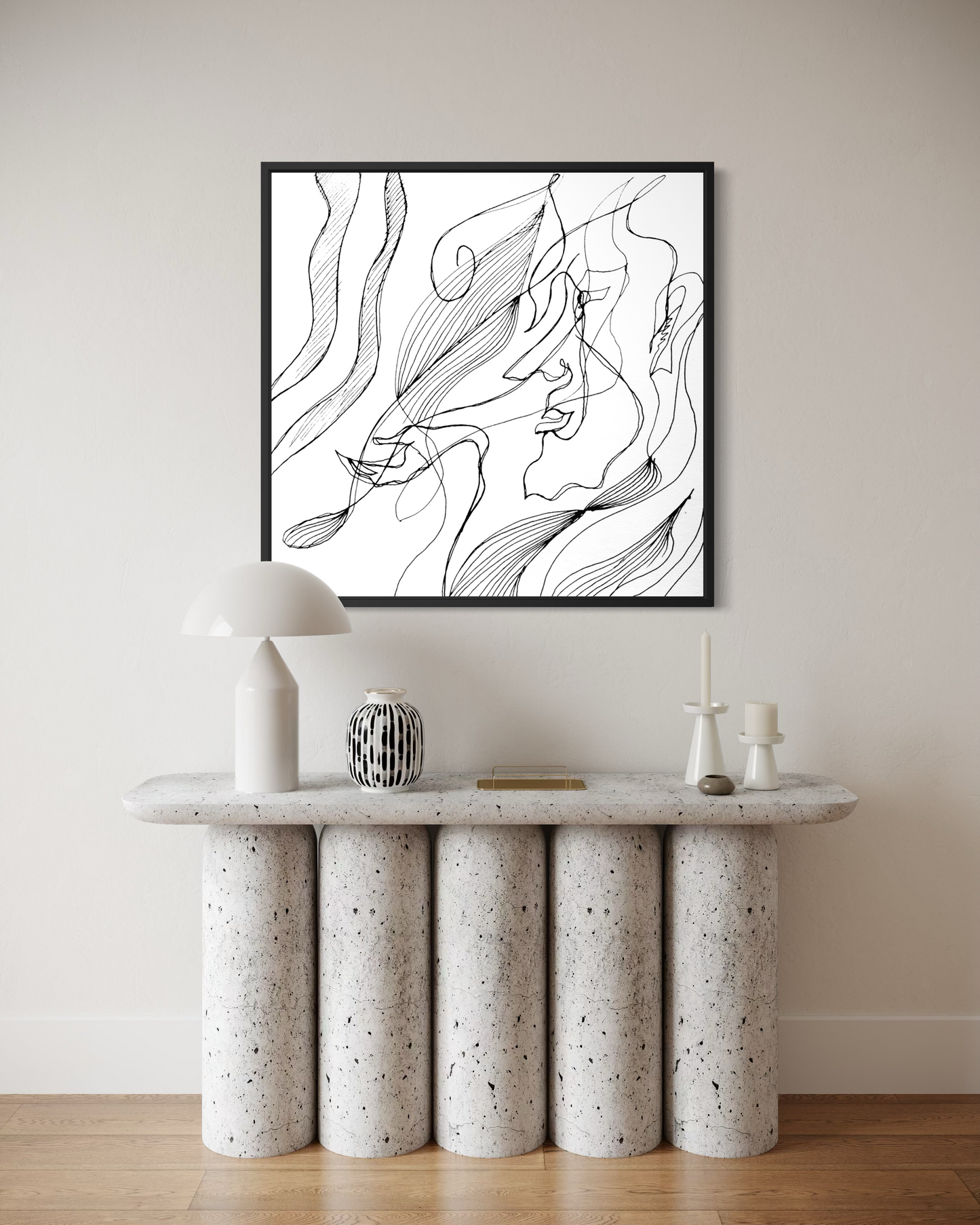 Original mixed media composition featuring dynamic abstract lines, texture, and visual rhythm.