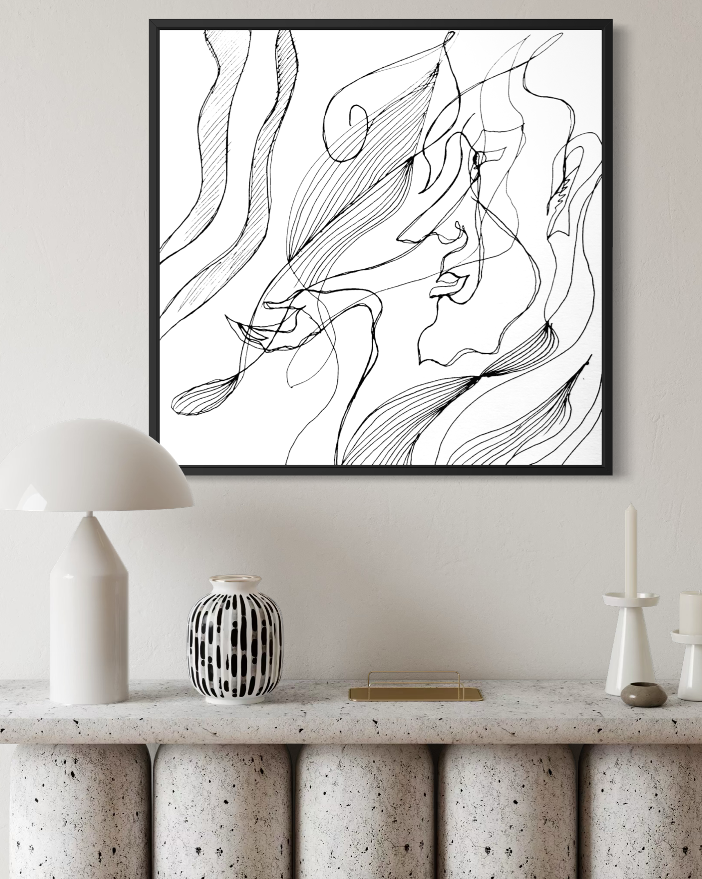 Abstract contemporary artwork with layered monochrome textures and fluid gestural forms.