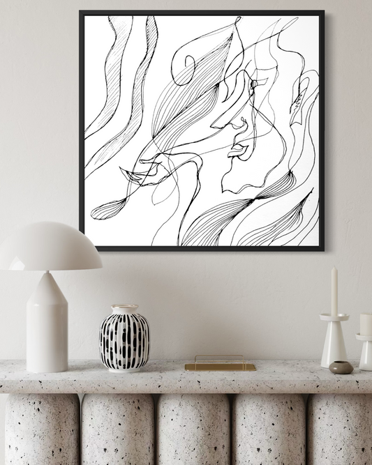 Abstract contemporary artwork with layered monochrome textures and fluid gestural forms.