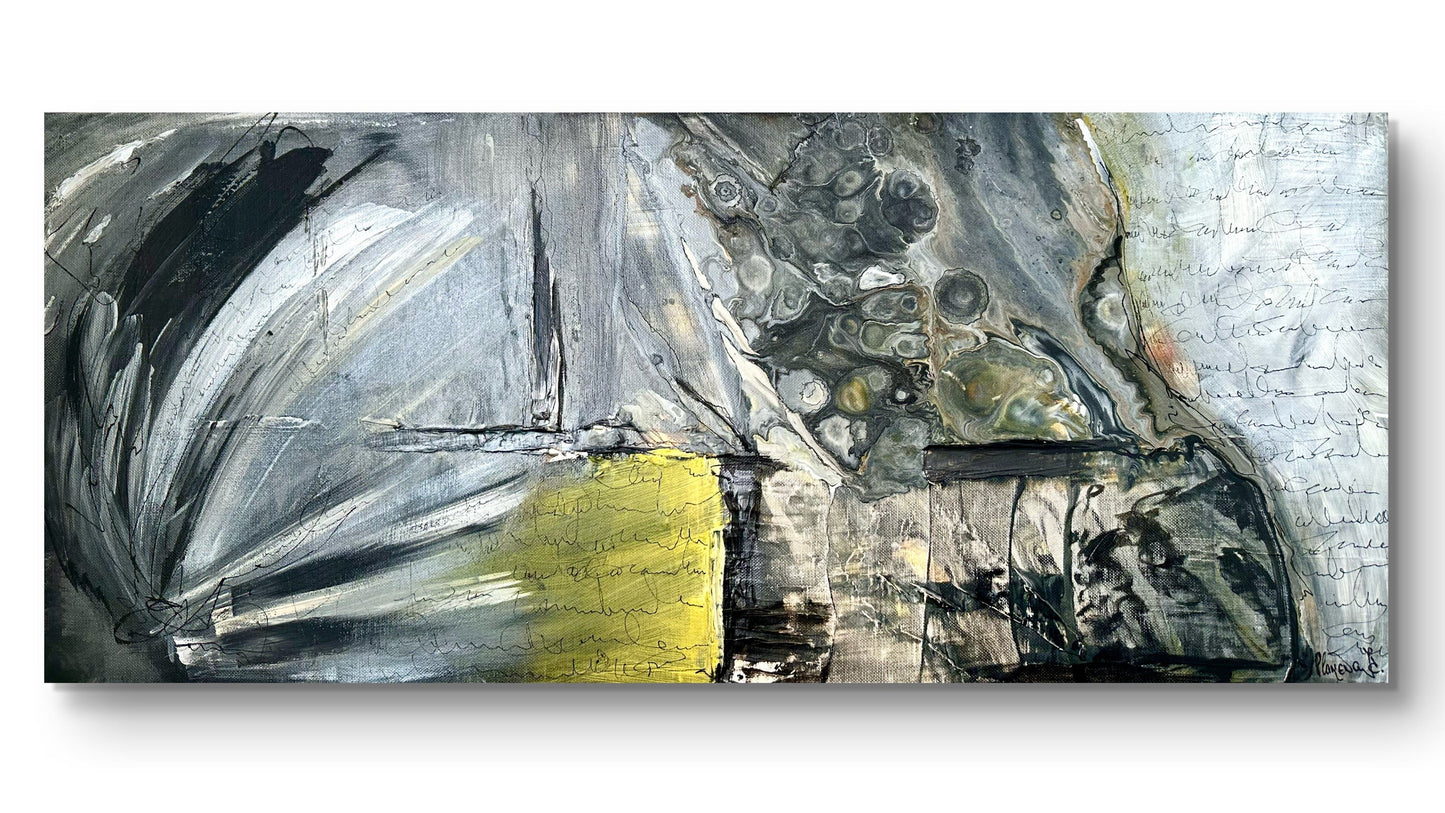 Abstract art piece with gray, black, and yellow colors on a white brick wall background