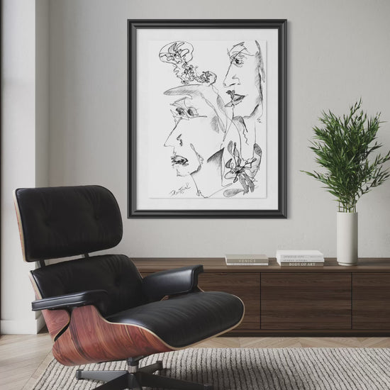 Minimalist contemporary drawing with bold black brushstrokes and organic abstract forms.
