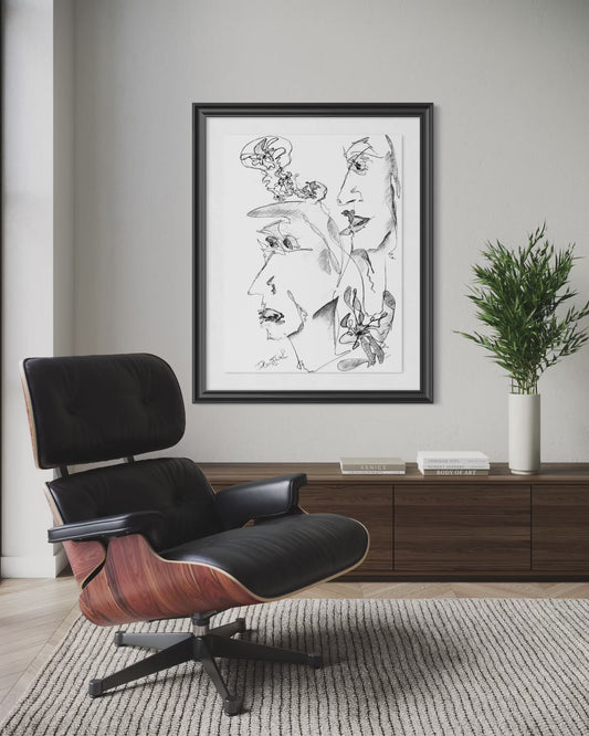 Minimalist contemporary drawing with bold black brushstrokes and organic abstract forms.
