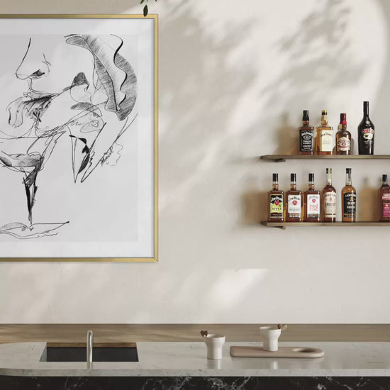Contemporary fine art drawing with gestural black lines and minimalist monochrome composition.