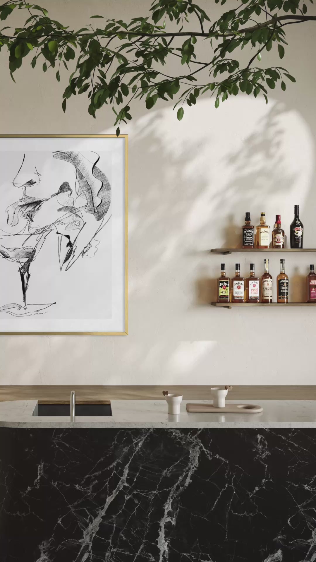 Contemporary fine art drawing with gestural black lines and minimalist monochrome composition.