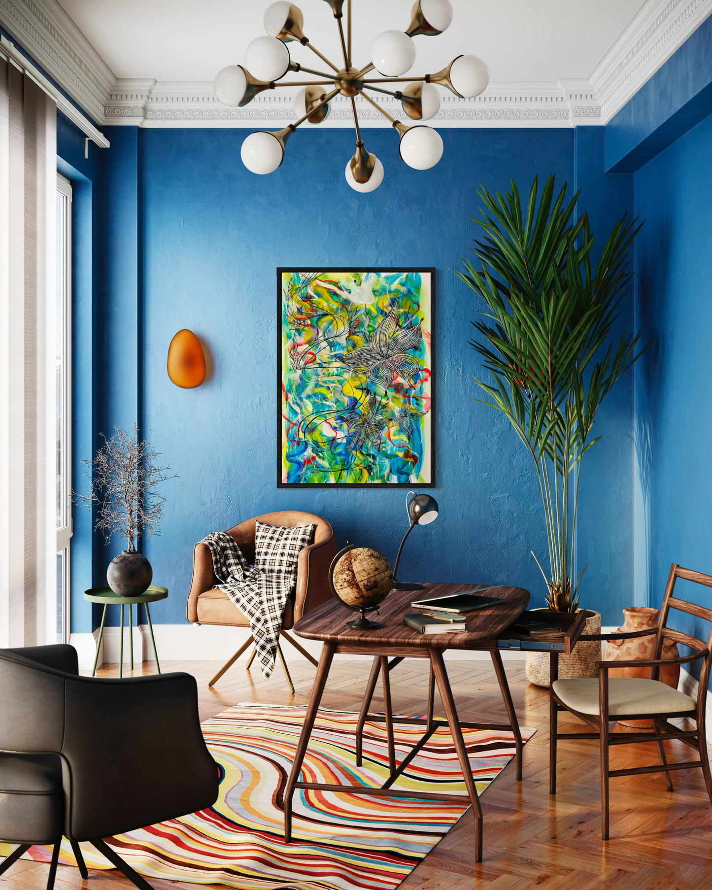A vibrant modern living room featuring a bold blue wall with a colorful abstract painting, a mid-century modern chandelier, a striped area rug, and a large potted palm.