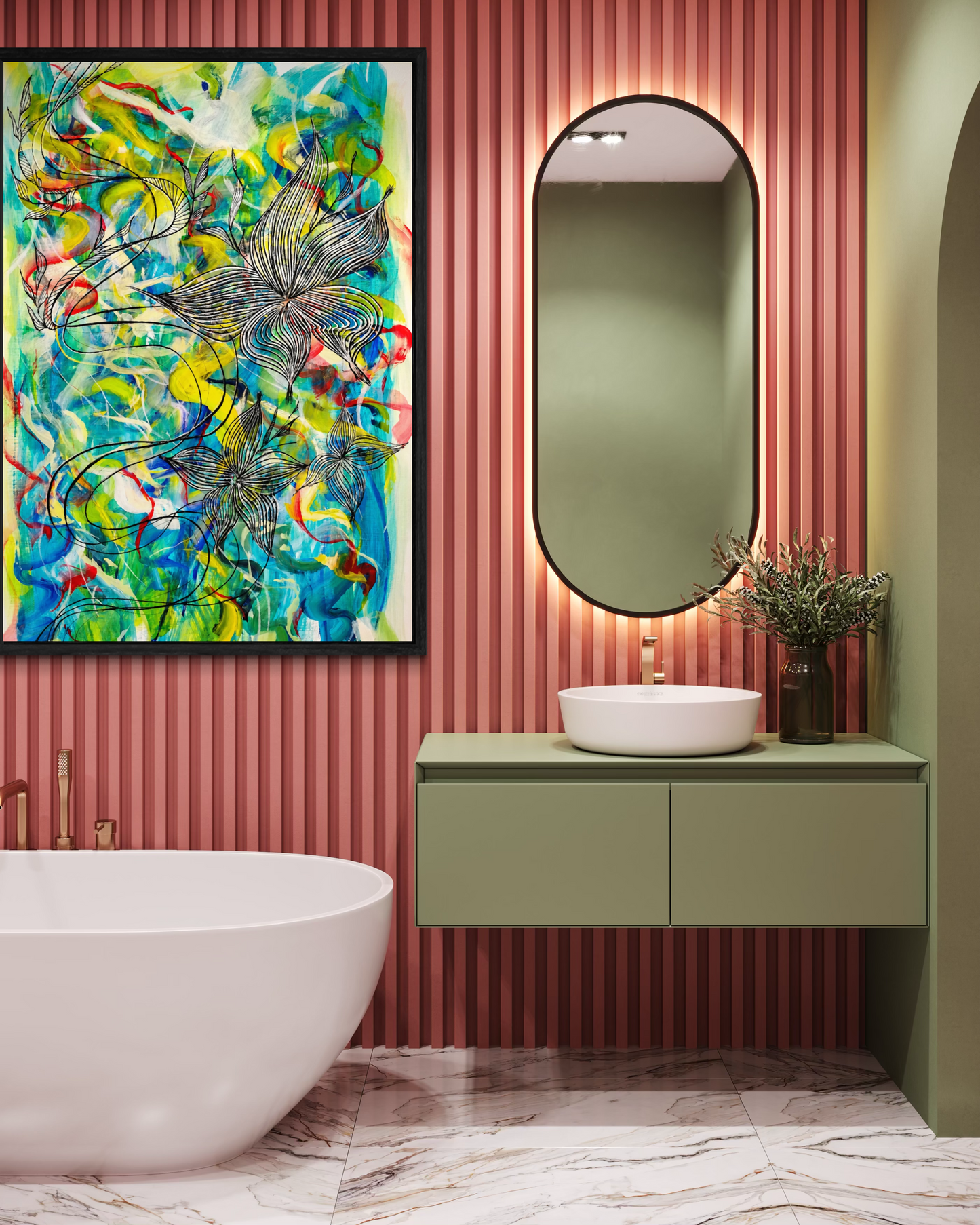 A modern bathroom interior featuring a large colorful abstract floral painting on a pink ribbed wall, a green floating vanity with a white vessel sink and oval mirror, a white freestanding tub, and marble flooring.