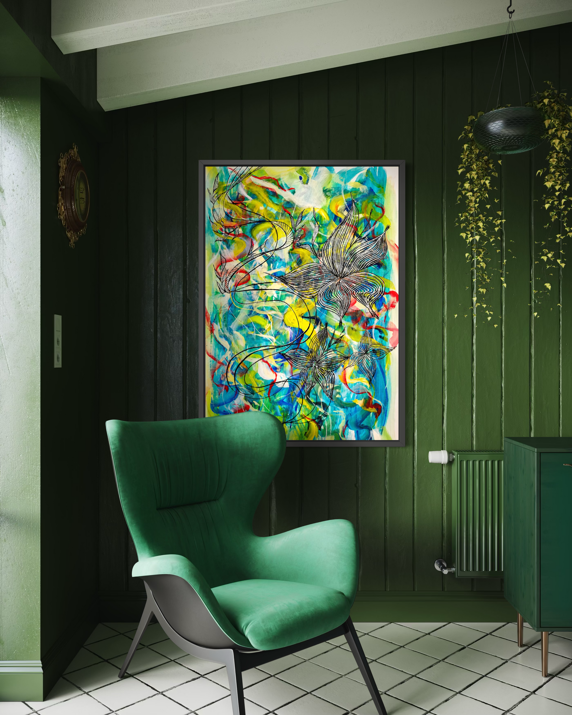 A colorful abstract painting with vibrant blue, green, yellow, and red brushstrokes, displayed on a dark green paneled wall above a green armchair in a styled interior room.