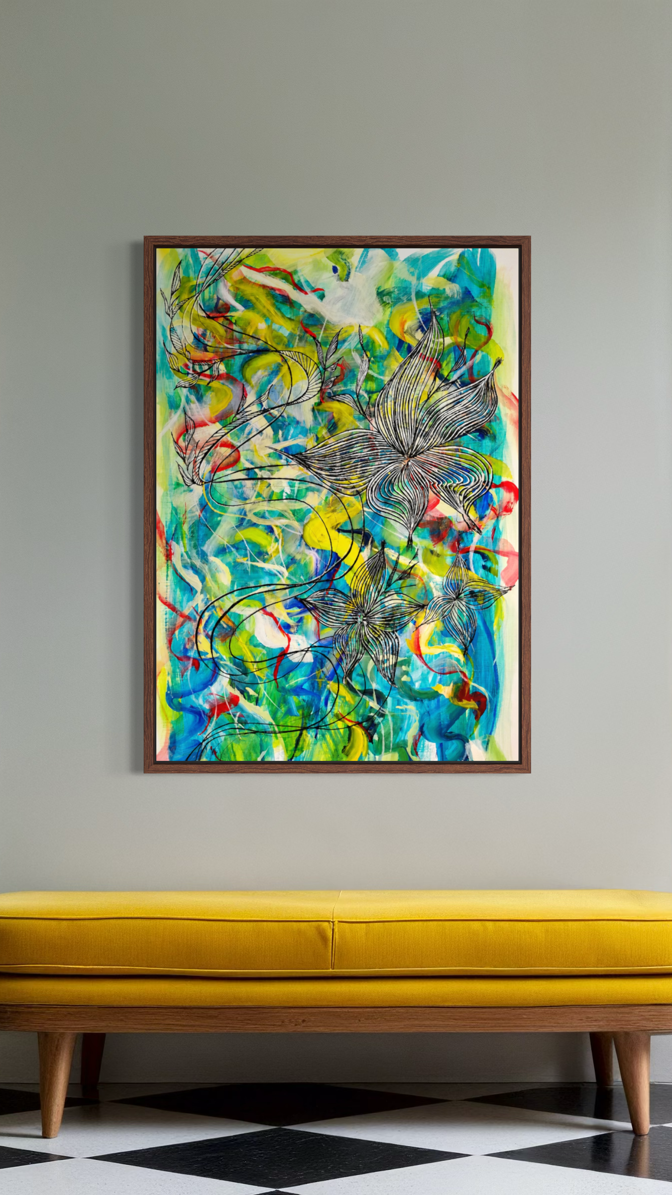 A framed abstract painting with vibrant green, blue, yellow, and red brushstrokes hangs on a light gray wall above a mustard yellow bench with a black-and-white checkered floor.